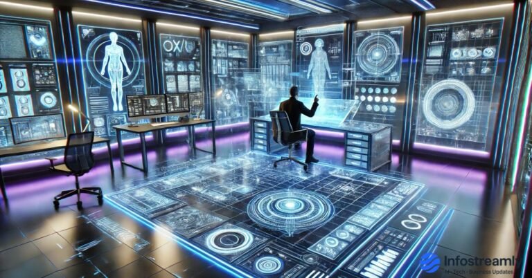 Futuristic UX UI AI Design Tools with holographic AI design tools and glowing interface panels for modern UX UI AI design tools.”