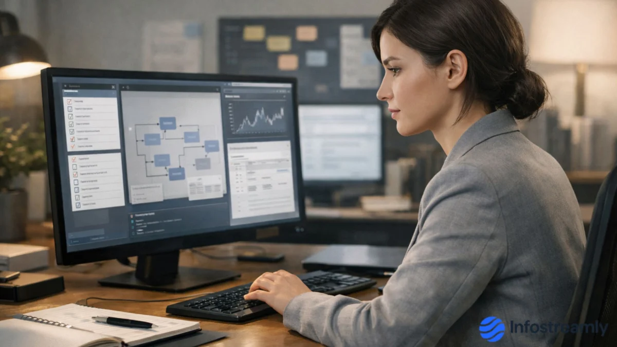 Editorial illustration showing Agent Skills AI Standard 2026 real-world workflows with task planning and decision-making interfaces