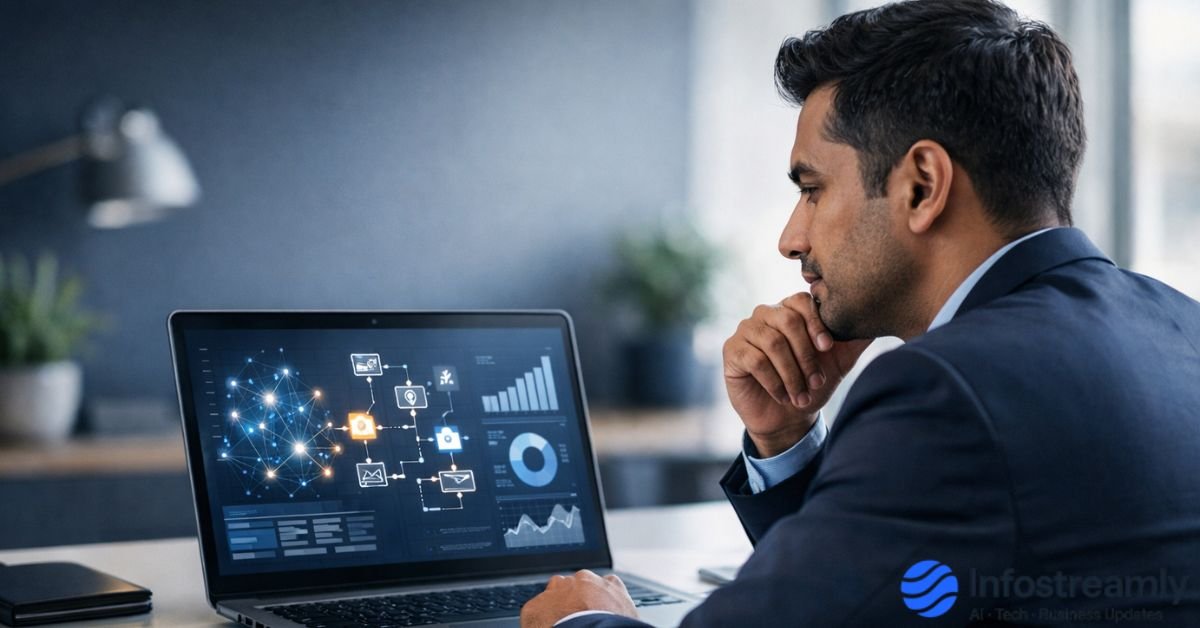 AI aligned strategy 2026 showing a professional balancing human decision-making with AI tools