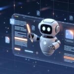 An AI assistant helping edit NotebookLM slides on a floating screen in a modern tech environment