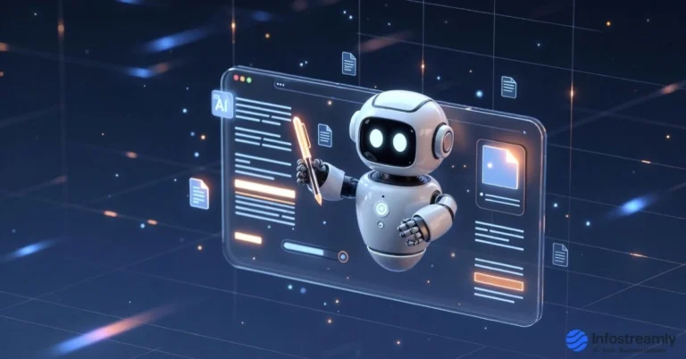 An AI assistant helping edit NotebookLM slides on a floating screen in a modern tech environment