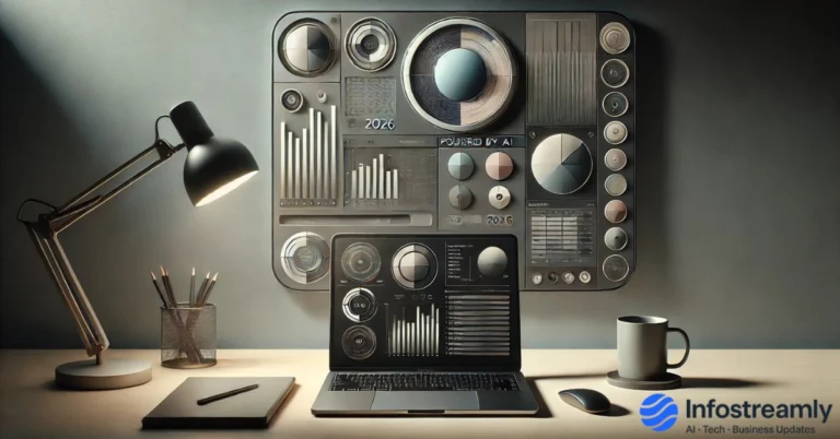 Editorial-style illustration showing a calm modern workspace with abstract AI panels representing AI productivity tools for 2026 in everyday professional work.