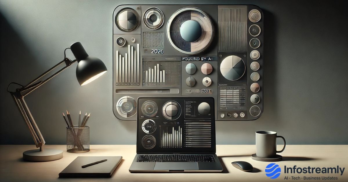 Editorial-style illustration showing a calm modern workspace with abstract AI panels representing AI productivity tools for 2026 in everyday professional work.