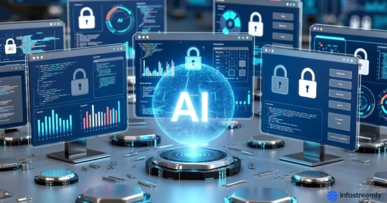 Editorial illustration showing why AI tools feel limited, with controlled system features and subtle security locks symbolizing intentional design choices that improve reliability and trust.