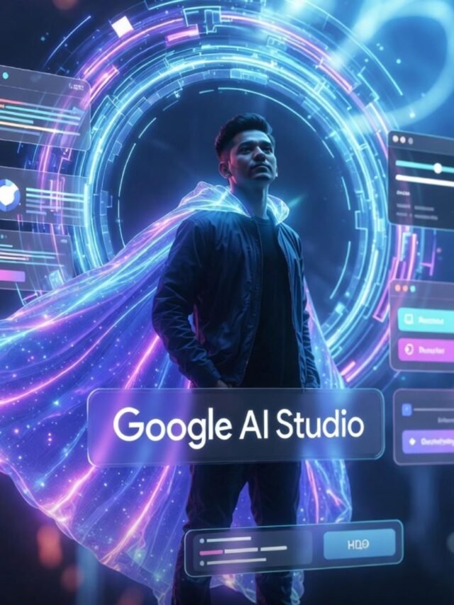 A confident product designer wearing a glowing superhero cape made of digital light, surrounded by floating Google AI Studio interface elements, futuristic style