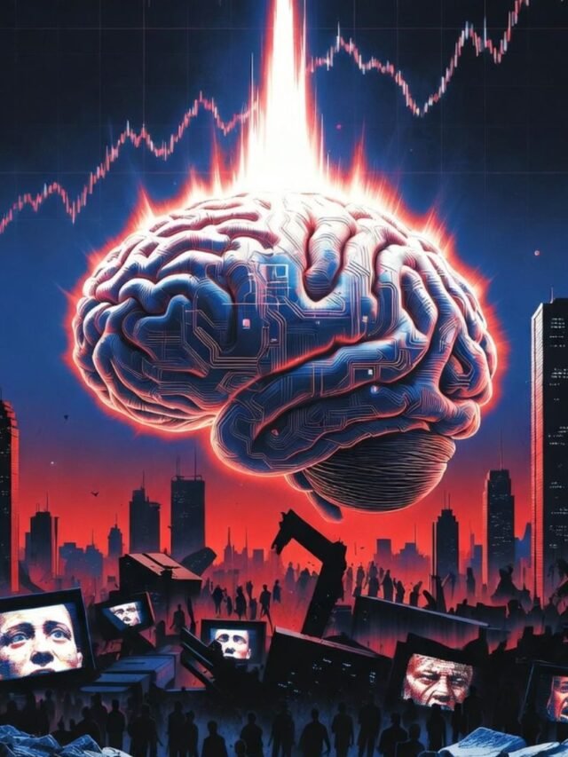 Dramatic cyberpunk illustration of a glowing AI brain exploding with a 25-point intelligence spike amid global crises like crumbling cities, deepfakes, and climate collapse