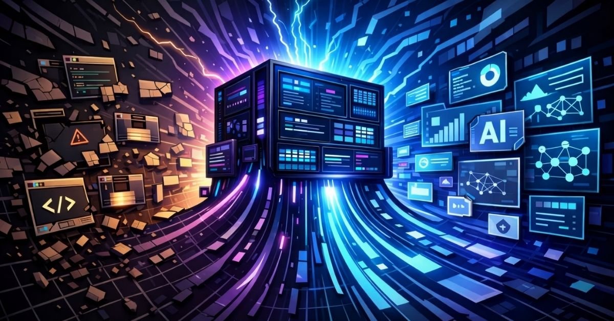 Futuristic digital core illustration showing structured AI data on one side and chaotic digital noise on the other, symbolizing Google Antigravity hype versus reality